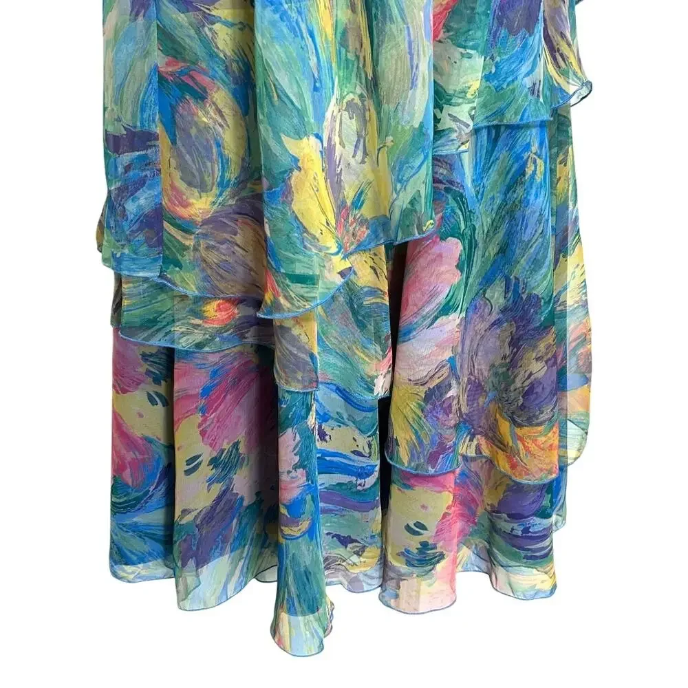 Siasia New York Abstract Tiered Midi Dress Vintage Sz 12 Multicolor Fluid 80s